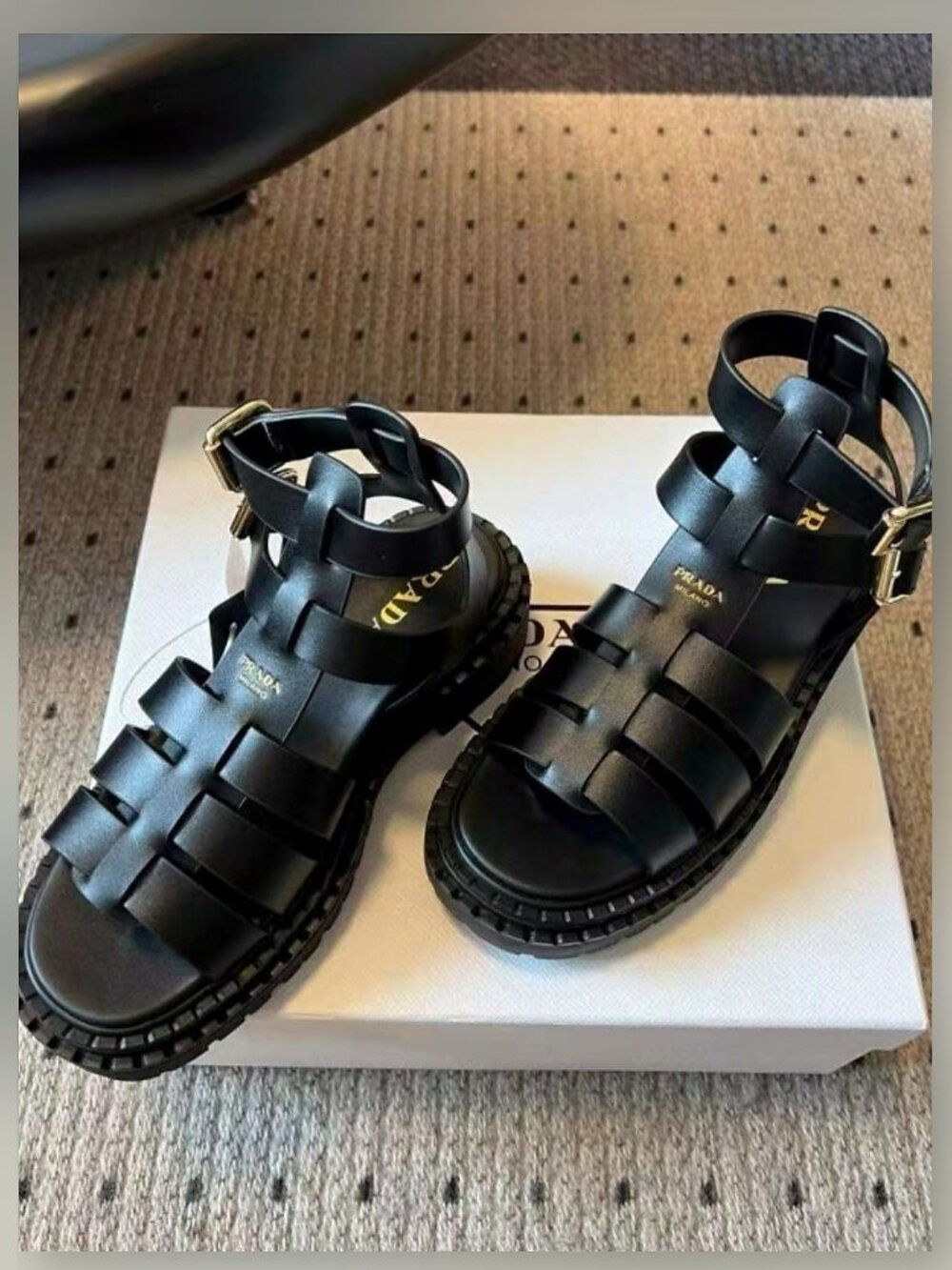 Prada Vintage Black Leather Grid Woven Lug Sole Roman Sandals